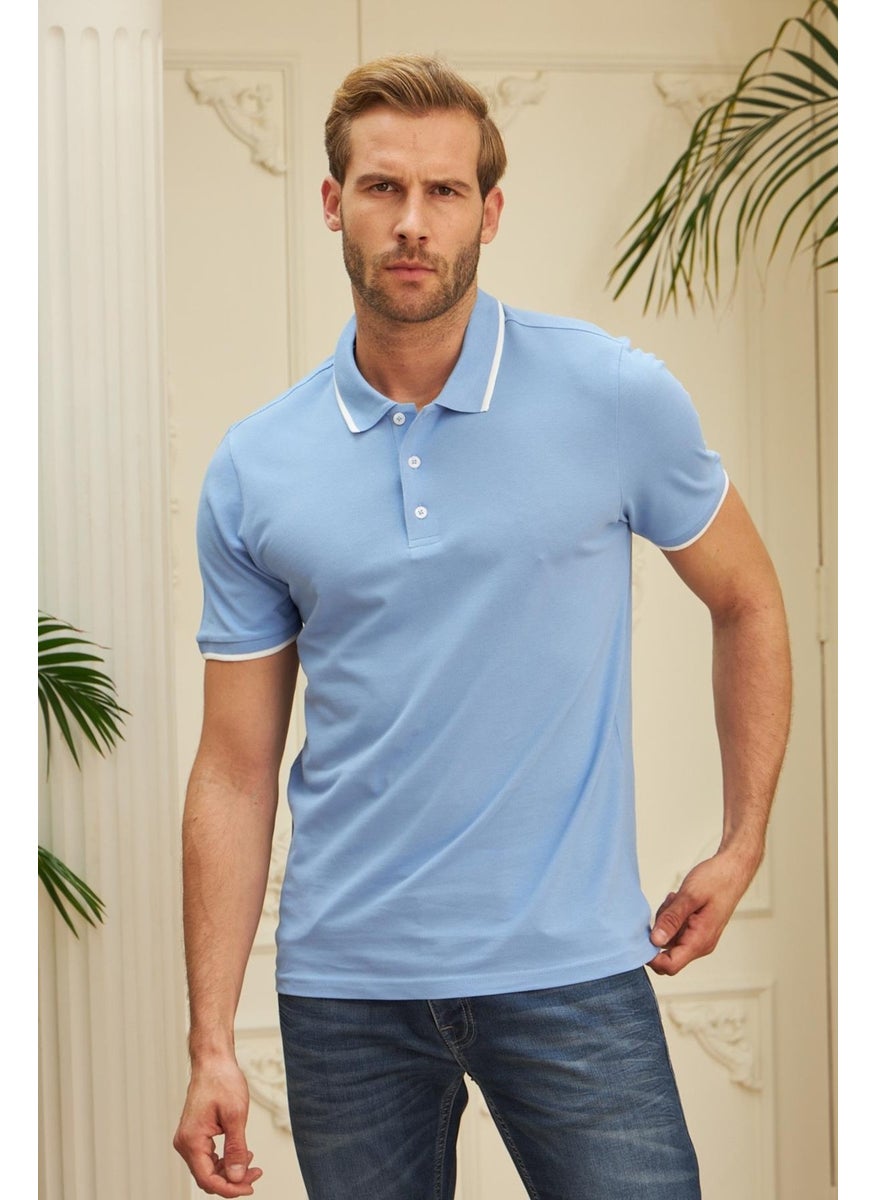 Odelon - Men's Slim Fit Plain Polo Neck T-Shirt Blue - Image 1