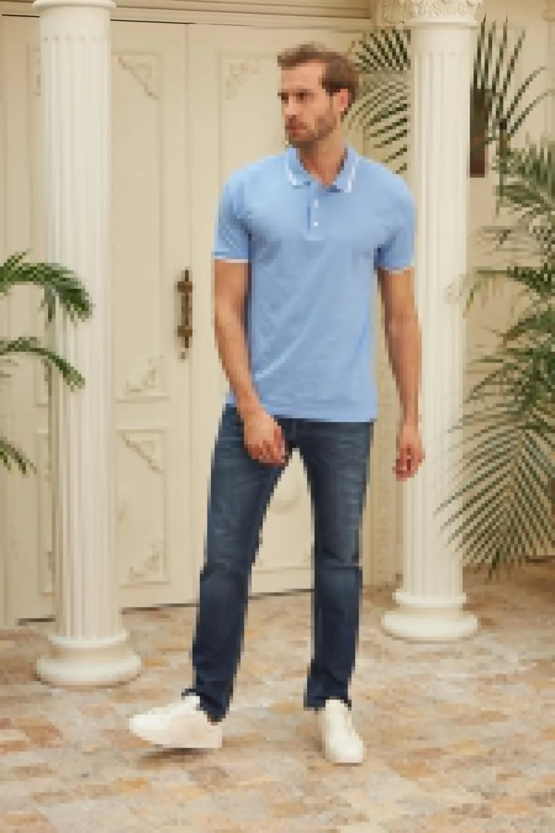 Odelon Men's Slim Fit Plain Polo Neck T-Shirt Blue