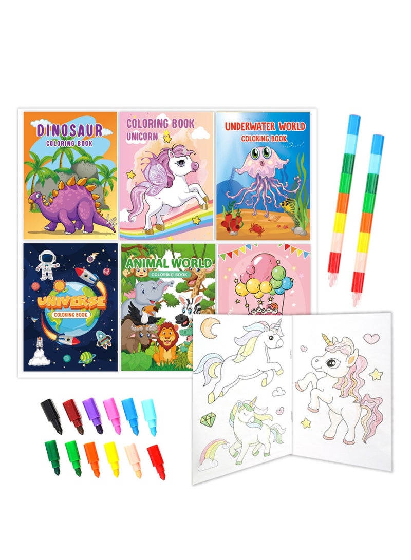 TFiOXL 7pcs Coloring Books for Kids With Stacking Crayons Set Mini Coloring Books Bulk Small Activity Books for Birthday Party Gifts Goodie Bags Stuffers Travel with 2pcs Refillable Pens - Image 1