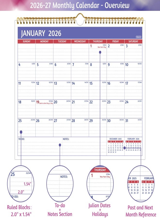 BowCuk Wall Calendar 2026-2027 - Use Now to Jun 2027, 18 Monthly Calendar 2026-2027 Wall, 14.57'' x 11.42'', 2026 Calendar with Ruled Blocks, Thick Paper, Holidays, To-do ＆ Notes, Amply Writing Space - Image 3