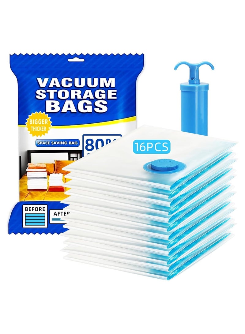 Vacuum Storage Bags - Pack of 16 (3Jumbo/6 Large/6 Medium/1 Pumps) Re-usable Travel Compression Storage Bags For Clothes, Comforters & Blankets - Space Saver Bags with Hand Pump