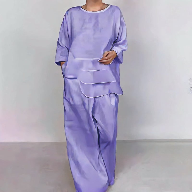 Satin Round Neck Layered Top Wide Leg Pants Set - Image 2
