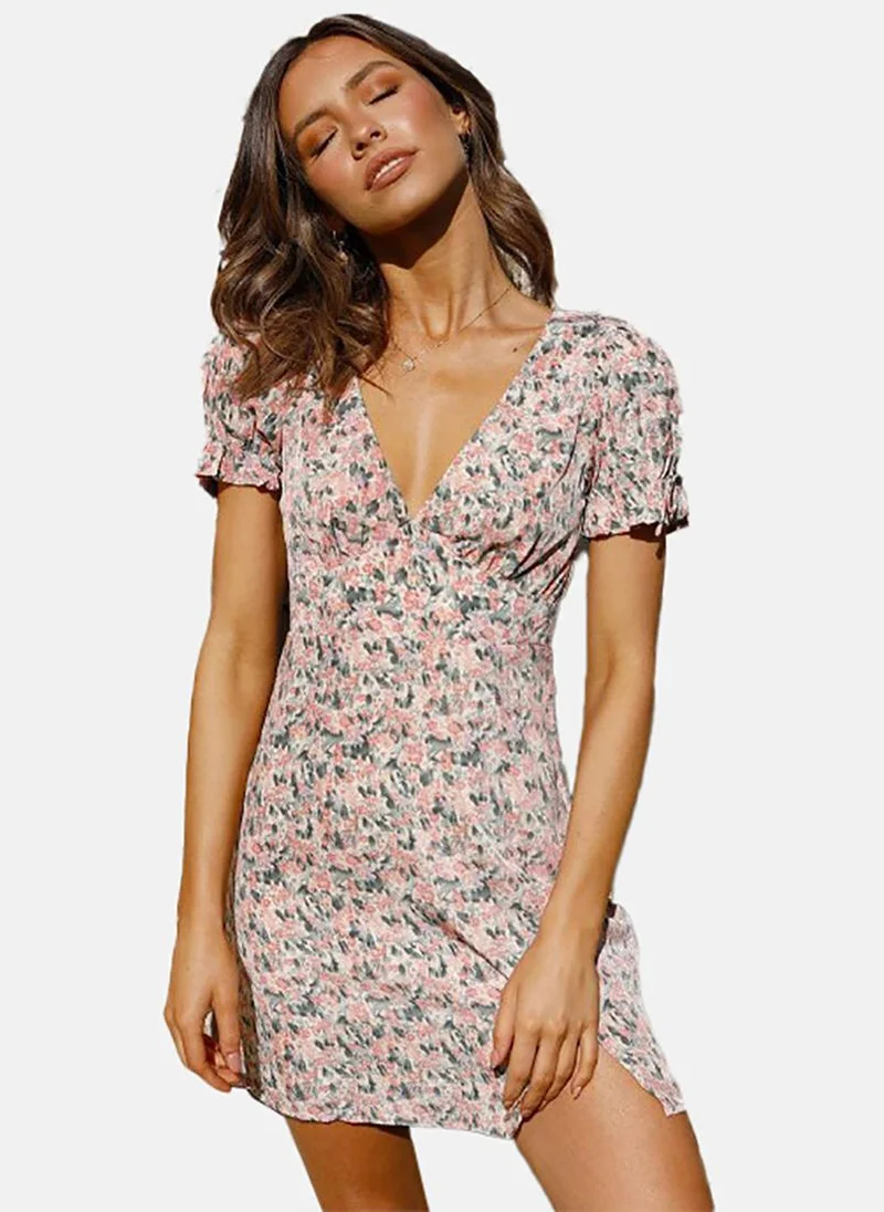 يونيكي White Floral Printed Puff Sleeves A-Line Mini Dress