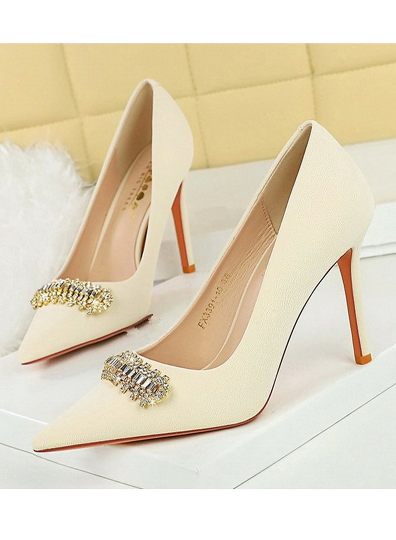 BIGTREE Women's Closed Pointed Toe High Heels Rhinestone Decoration Stiletto Pumps Cream White 10CM - Image 1