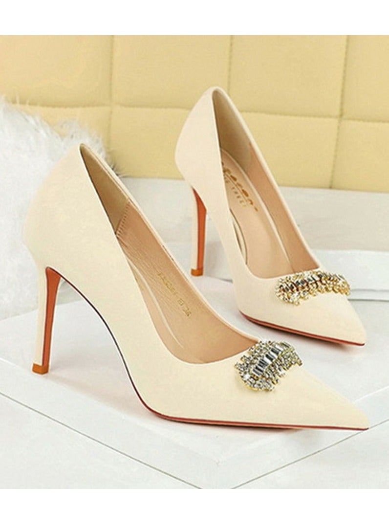 BIGTREE Women's Closed Pointed Toe High Heels Rhinestone Decoration Stiletto Pumps Cream White 10CM - Image 2
