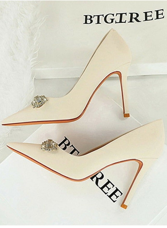 BIGTREE Women's Closed Pointed Toe High Heels Rhinestone Decoration Stiletto Pumps Cream White 10CM - Image 3