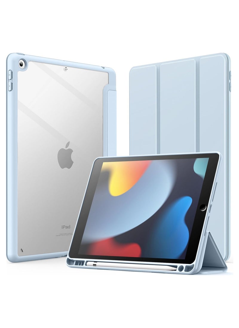 Case for iPad 9th Generation (10.2-Inch) (9th/8th/7th Generation, 2021/2020/2019) with Pencil Holder, Clear Transparent Back Shell Slim Stand Shockproof Tablet Cover, (Light Blue)