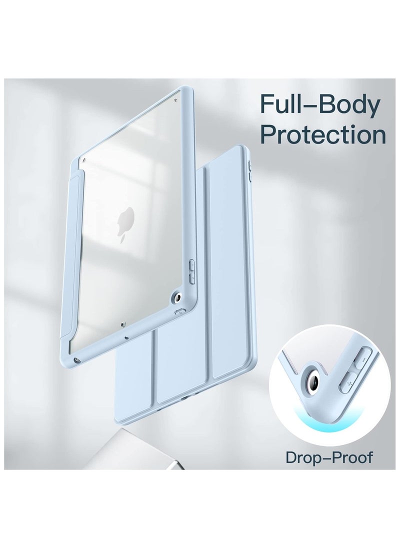 Case for iPad 9th Generation (10.2-Inch) (9th/8th/7th Generation, 2021/2020/2019) with Pencil Holder, Clear Transparent Back Shell Slim Stand Shockproof Tablet Cover, (Light Blue)