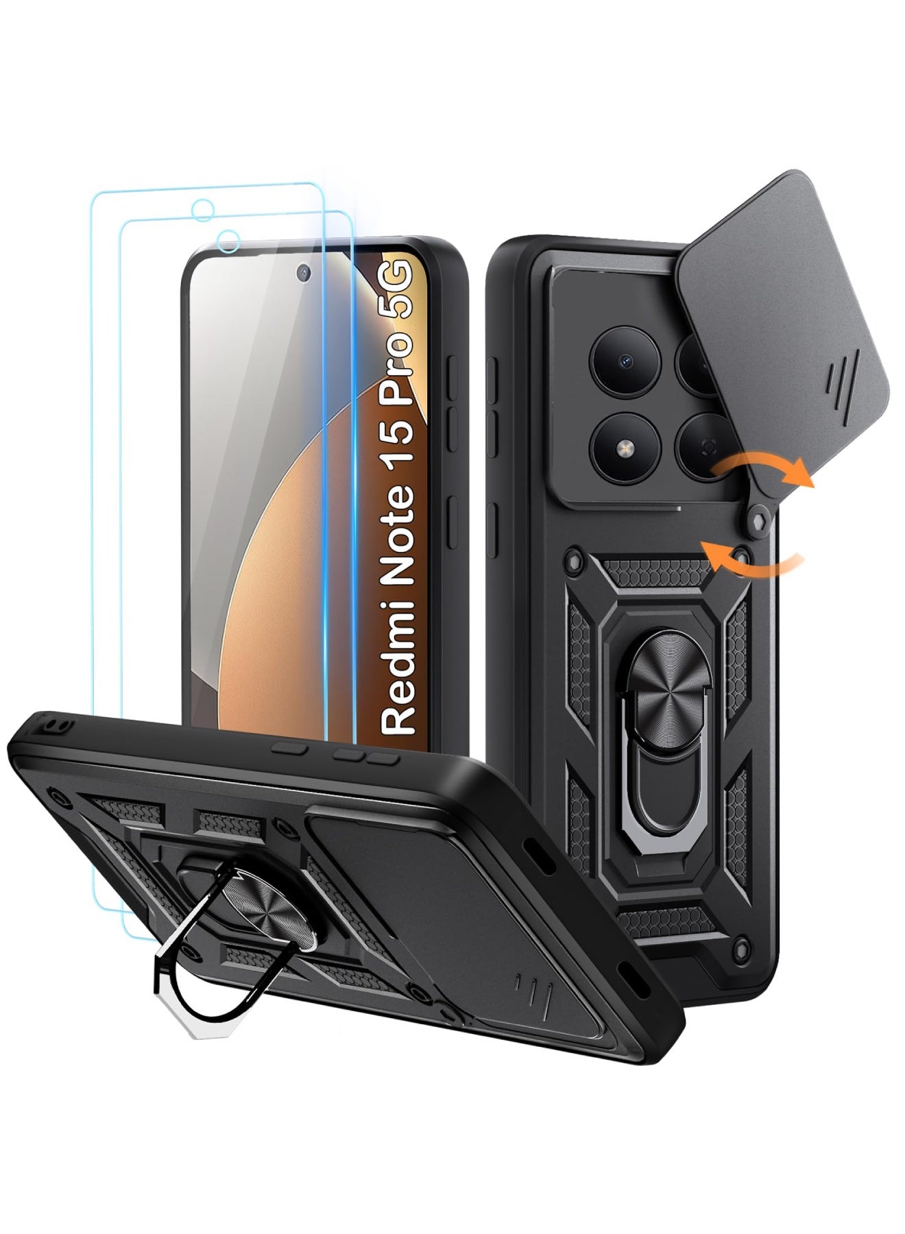 Adando [1+2] Mobile Phone Case for Xiaomi Redmi Note 15 Pro 5G (Not for 4G) with 2 Protective Films, Camera Protection Case with 360 Degree Ring Stand Shockproof Scratch-Resistant Tough Armor Protecti