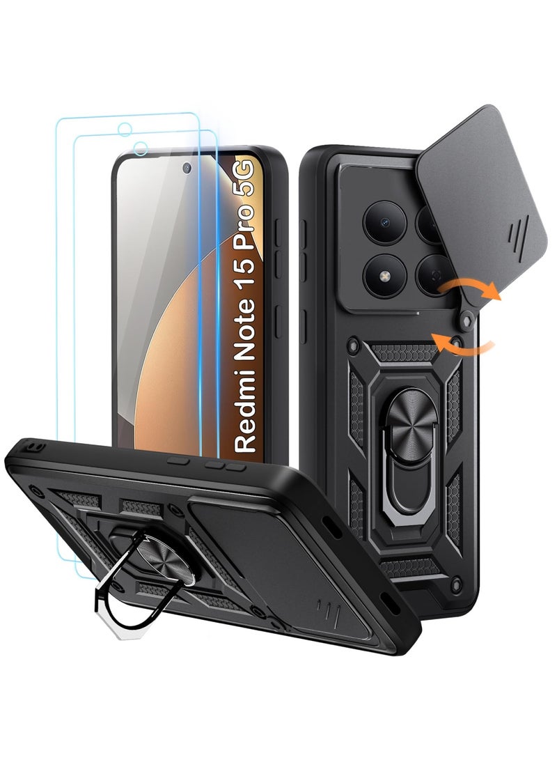 Adando [1+2] Mobile Phone Case for Xiaomi Redmi Note 15 Pro 5G (Not for 4G) with 2 Protective Films, Camera Protection Case with 360 Degree Ring Stand Shockproof Scratch-Resistant Tough Armor Protective Case (Black) - Image 1