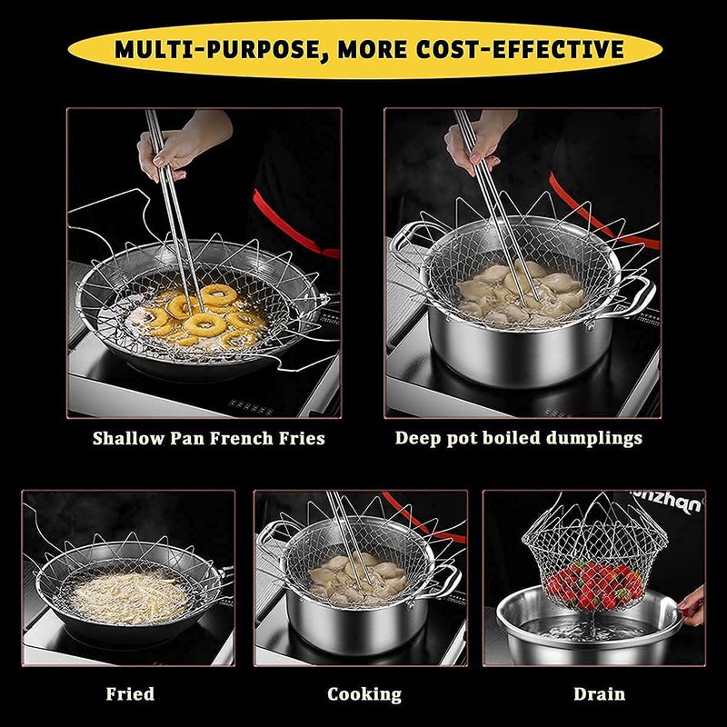Martvia Foldable Stainless Steel Deep Fry Basket MultiFunction Poaching Boiling Deep Frying Basket Household Folding Draining Basket Draining Oil Scoop French Fries ColanderFruit Vegetable Basket - Image 3