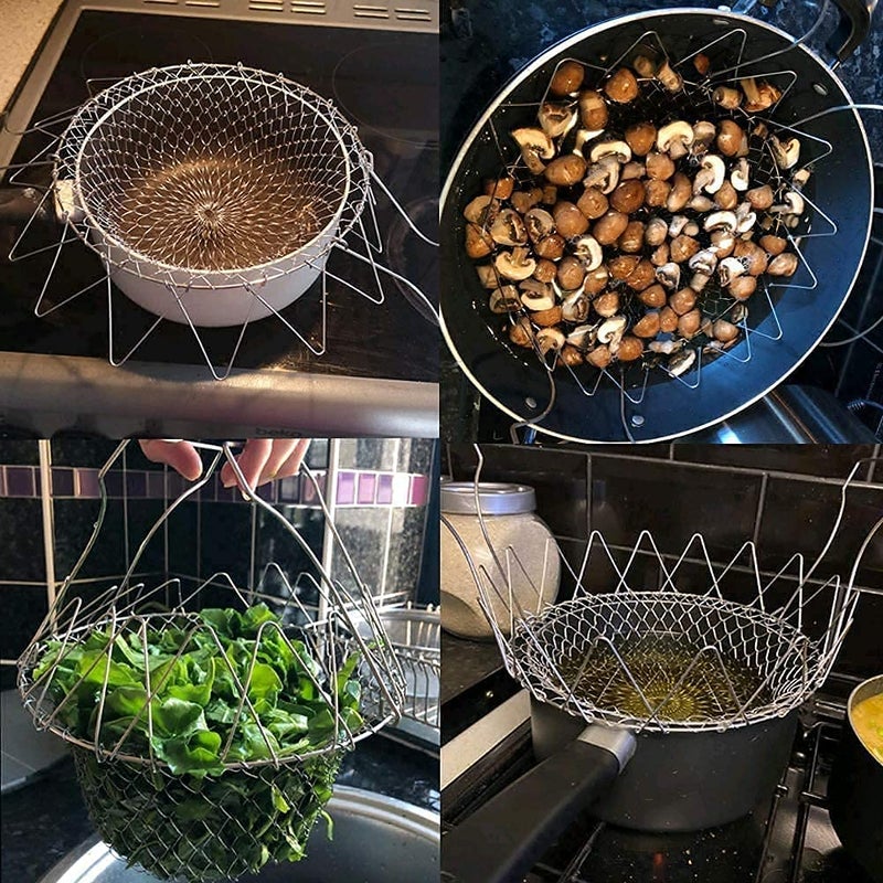 Martvia Foldable Stainless Steel Deep Fry Basket MultiFunction Poaching Boiling Deep Frying Basket Household Folding Draining Basket Draining Oil Scoop French Fries ColanderFruit Vegetable Basket - Image 5