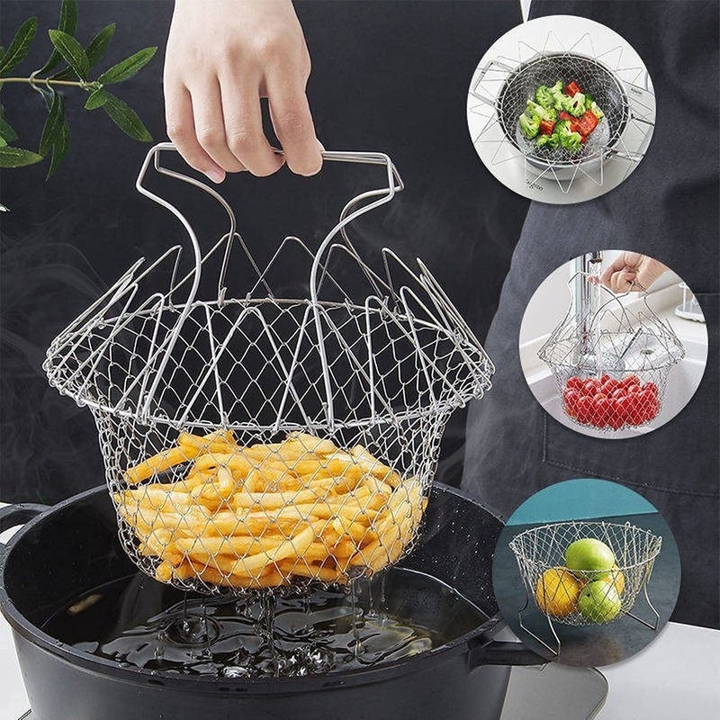 Martvia Foldable Stainless Steel Deep Fry Basket MultiFunction Poaching Boiling Deep Frying Basket Household Folding Draining Basket Draining Oil Scoop French Fries ColanderFruit Vegetable Basket - Image 1