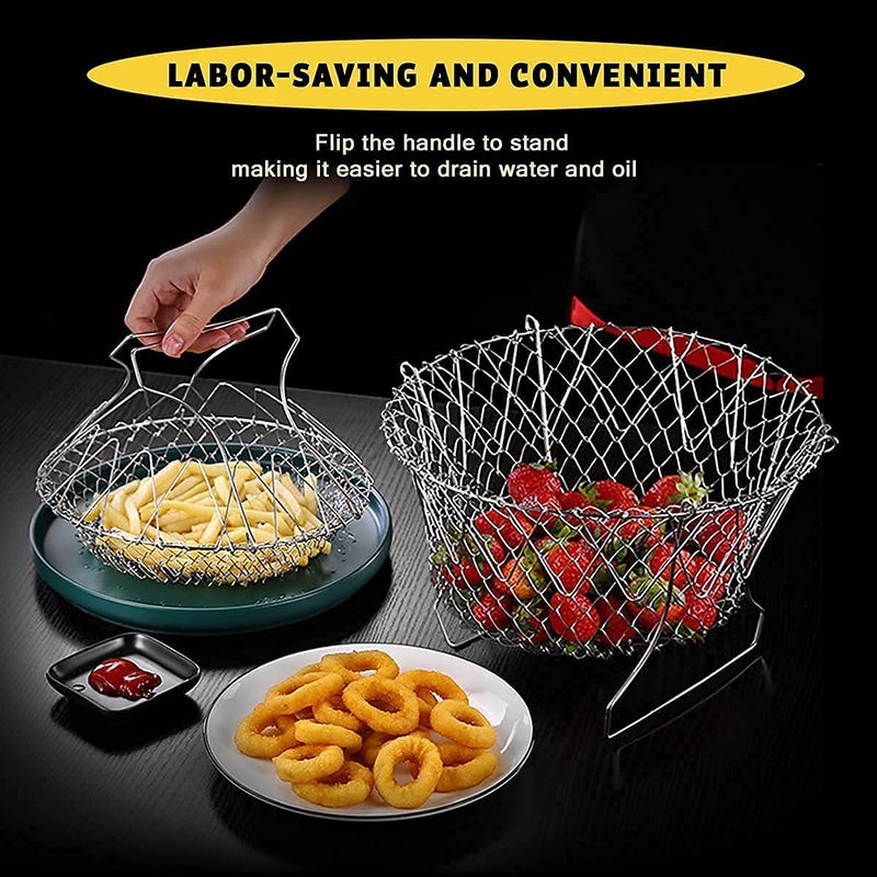 Martvia Foldable Stainless Steel Deep Fry Basket MultiFunction Poaching Boiling Deep Frying Basket Household Folding Draining Basket Draining Oil Scoop French Fries ColanderFruit Vegetable Basket - Image 2