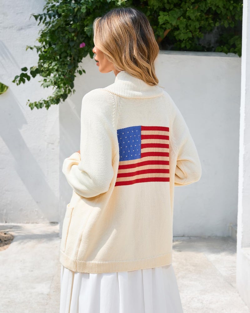 YEXPINE Women's American Flag Cardigan Long Sleeve Shawl Collar Button Down Fall Chunky Knit Varsity Sweater Beige - Image 2