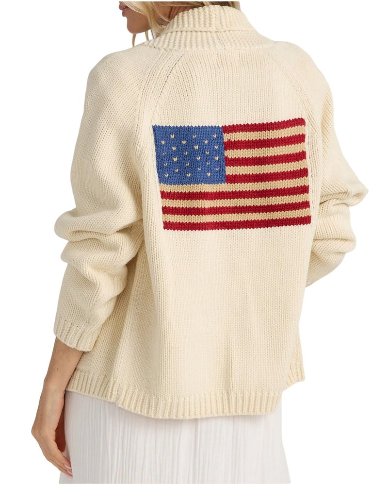 YEXPINE Women's American Flag Cardigan Long Sleeve Shawl Collar Button Down Fall Chunky Knit Varsity Sweater Beige - Image 1
