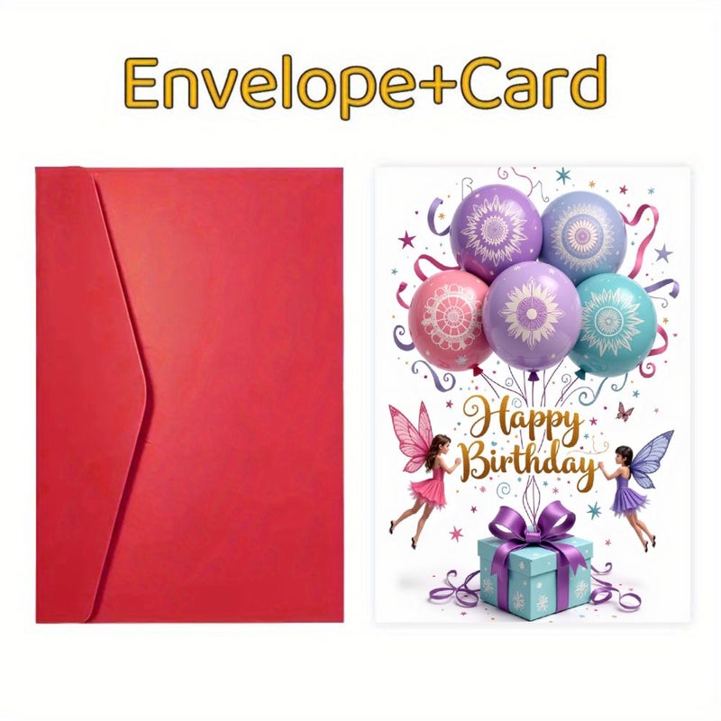 1pc Greeting Card With Envelope Fairy Balloons And Gift Box Design In Purple Pink Blue And Teal Happy Birthday For Birthday Thanksgiving Wedding Celebrations - Image 2