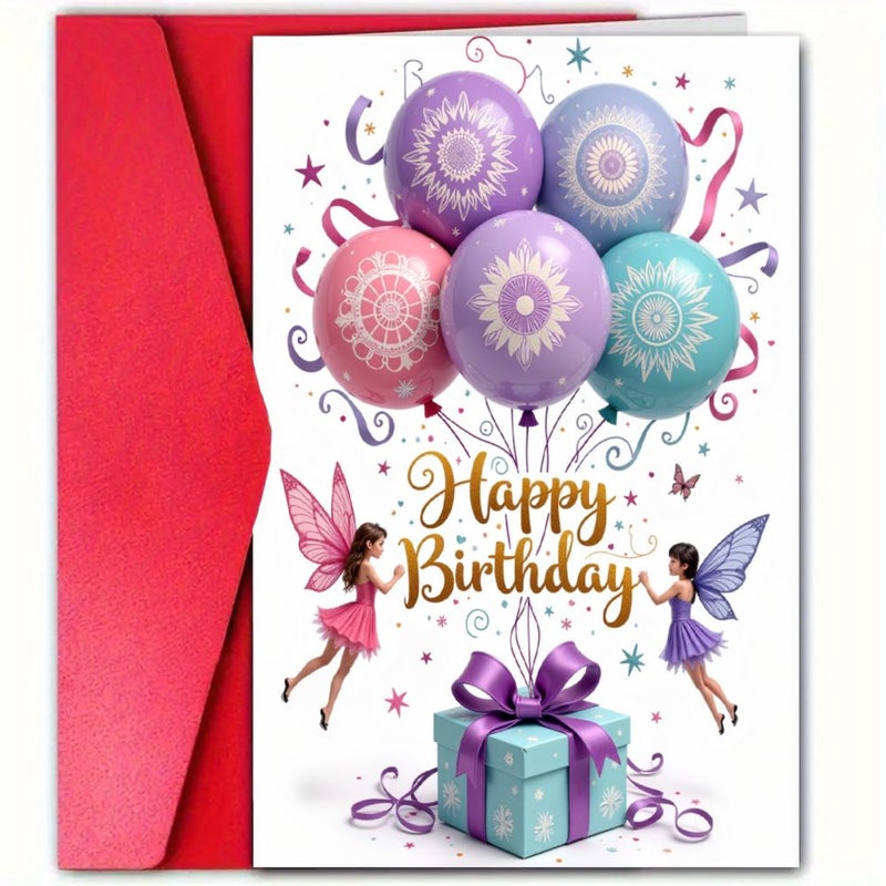 1pc Greeting Card With Envelope Fairy Balloons And Gift Box Design In Purple Pink Blue And Teal Happy Birthday For Birthday Thanksgiving Wedding Celebrations - Image 1