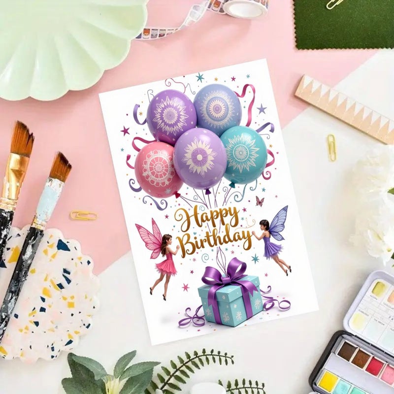 1pc Greeting Card With Envelope Fairy Balloons And Gift Box Design In Purple Pink Blue And Teal Happy Birthday For Birthday Thanksgiving Wedding Celebrations - Image 5