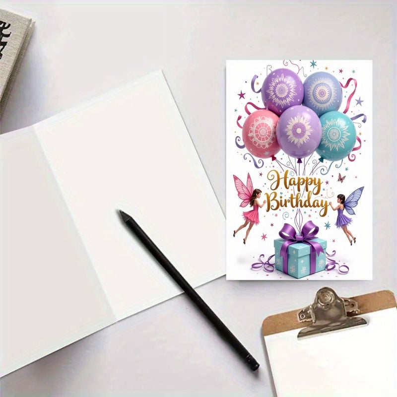 1pc Greeting Card With Envelope Fairy Balloons And Gift Box Design In Purple Pink Blue And Teal Happy Birthday For Birthday Thanksgiving Wedding Celebrations - Image 4