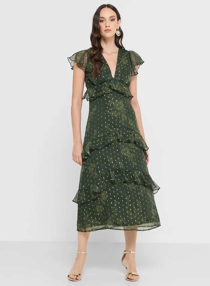 Anaya With Love Ruffle Detail V Neck Midi Dress