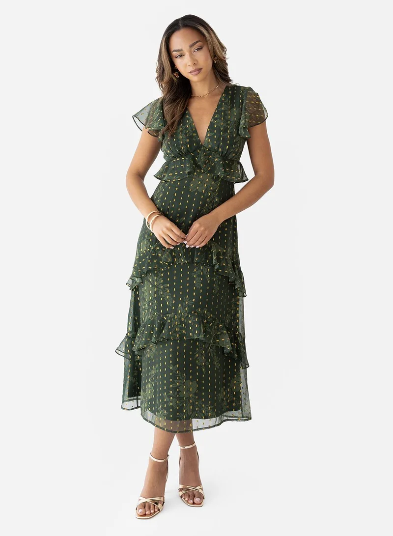 Anaya With Love Ruffle Detail V Neck Midi Dress