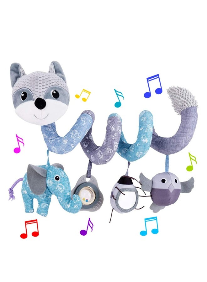 Spiral Activity Hanging Toys for Car Seats – Musical Baby Stroller Toys with Squeaker & Rattles, Gray Fox Design - Image 1