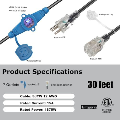 Erboelec 30 Feet Multi Outlet Extension Cord 12 Gauge,7 Nema 5-15R Evenly Spaced Outlets with Blue Indicators,Male Plug to Female Connector,Erboelec,ETL Listed - Image 2
