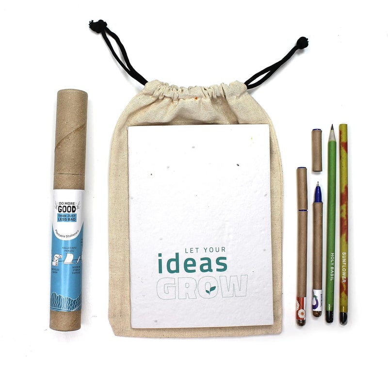 bioQ bioQ Plantable Stationery Combo 2 Seed Pen 2 Seed Pencil in a Box 1 HandMade SeedPaper Notepad Eco Friendly Cotton Bag Packaging Grow Plants from Notepads Pens Pencils Pack of 1  - Image 1