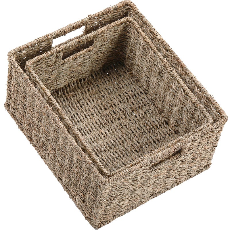 HOONEX Large Wicker Baskets for Storage Seagrass Baskets with Dual Handles Woven Set of 2 Natural