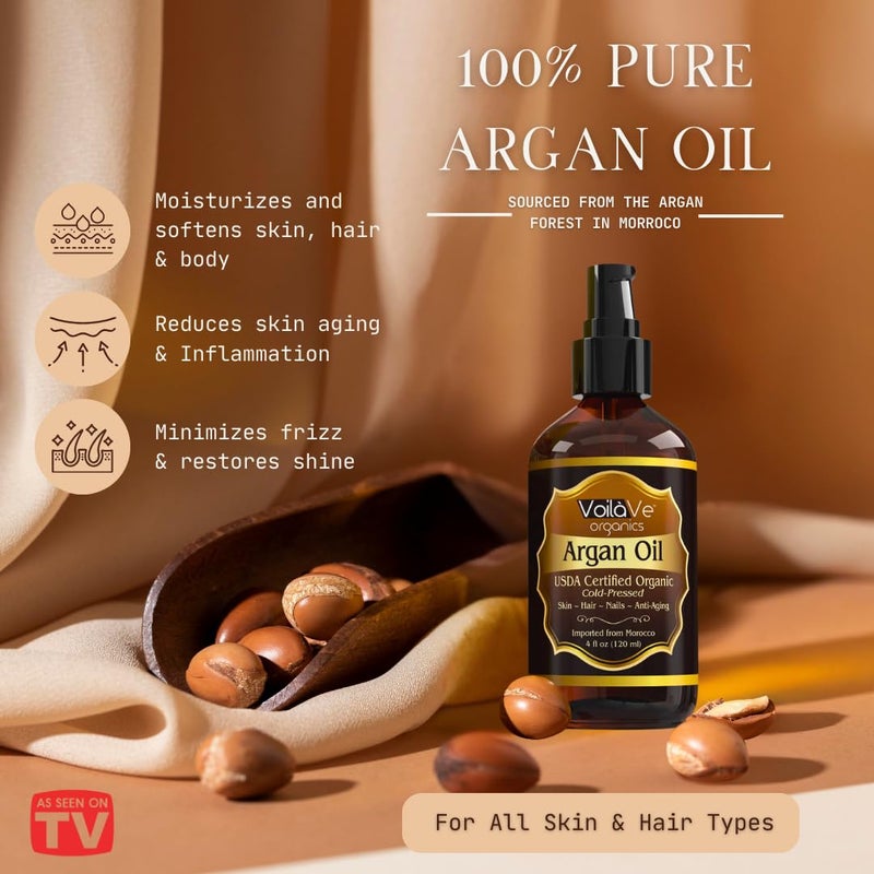 VoilaVe USDA and ECOCERT 100% Pure Organic Moroccan Argan Oil for Skin, Nails & Hair Growth, Anti-Aging Face Moisturizer, Cold Pressed, Hair Moisturizer, Rich in Vitamin E, As Seen On TV - 4 fl oz - Image 2