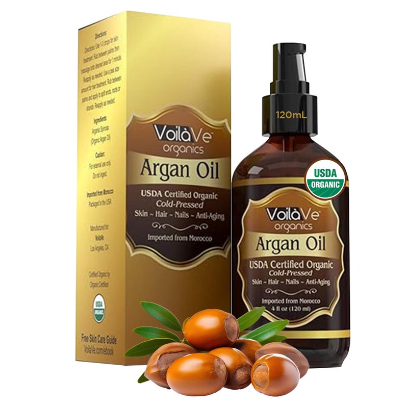 VoilaVe USDA and ECOCERT 100% Pure Organic Moroccan Argan Oil for Skin, Nails & Hair Growth, Anti-Aging Face Moisturizer, Cold Pressed, Hair Moisturizer, Rich in Vitamin E, As Seen On TV - 4 fl oz - Image 1
