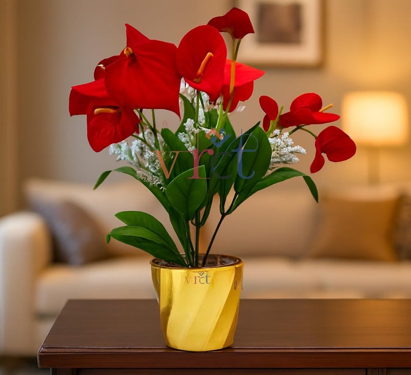 VRCT Artificial Beautiful Plant Calla Lily Flower Pot for Home, Garden, Office, Living Room Decor | Artificial Flowers with Golden Pot Pack of 1 - Image 1
