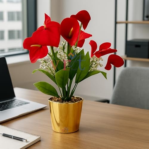 VRCT Artificial Beautiful Plant Calla Lily Flower Pot for Home, Garden, Office, Living Room Decor | Artificial Flowers with Golden Pot Pack of 1 - Image 2