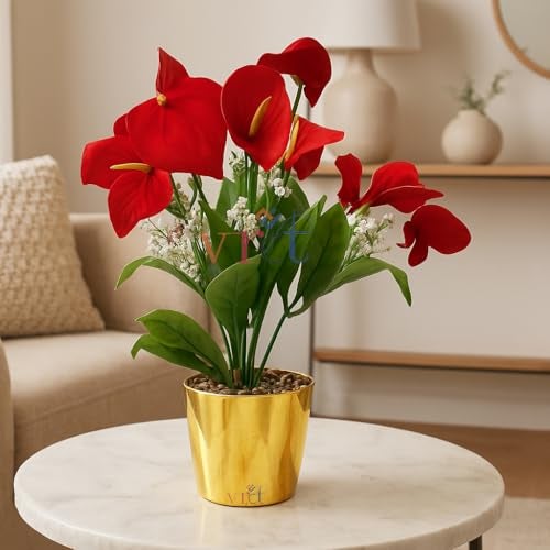 VRCT Artificial Beautiful Plant Calla Lily Flower Pot for Home, Garden, Office, Living Room Decor | Artificial Flowers with Golden Pot Pack of 1 - Image 4