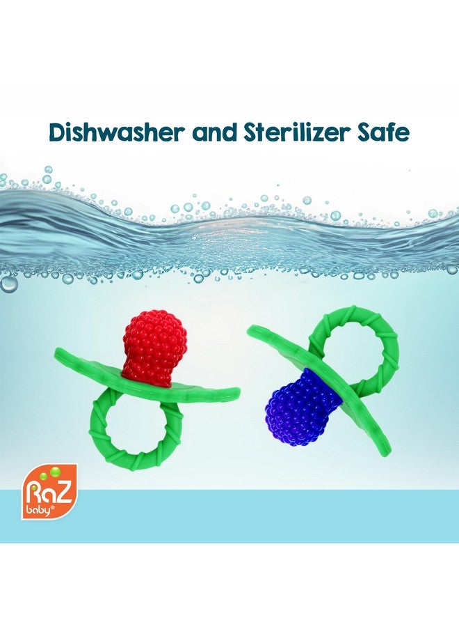 RaZbaby RaZberry Silicone Teether Pacifier - Teething Relief for Infants, Food-Grade, Hands & BPA Free, Natural Berrybumps Fruit Texture for Sensory Development, Freezable, 2-Pack - Dark & Light Blue - Image 4