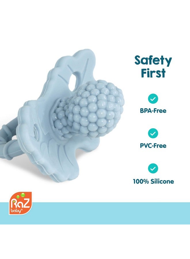 RaZbaby RaZberry Silicone Teether Pacifier - Teething Relief for Infants, Food-Grade, Hands & BPA Free, Natural Berrybumps Fruit Texture for Sensory Development, Freezable, 2-Pack - Dark & Light Blue - Image 3