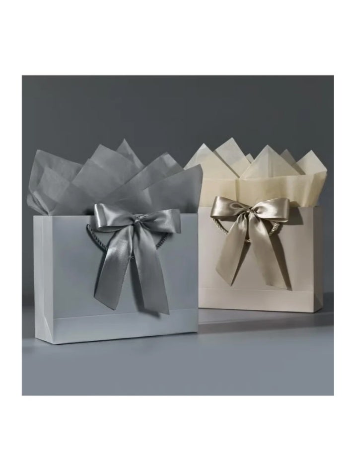 2PCS Champagne Color Large Gift Bags, Paper Bags with Ribbon, Greeting Cards and Tissue Paper, Portable Party Bags with Handles, Birthday Gift Bags, Present Bags for Wedding Party, Party Supplies Bags size :32cm*25cm*11cm - Image 2