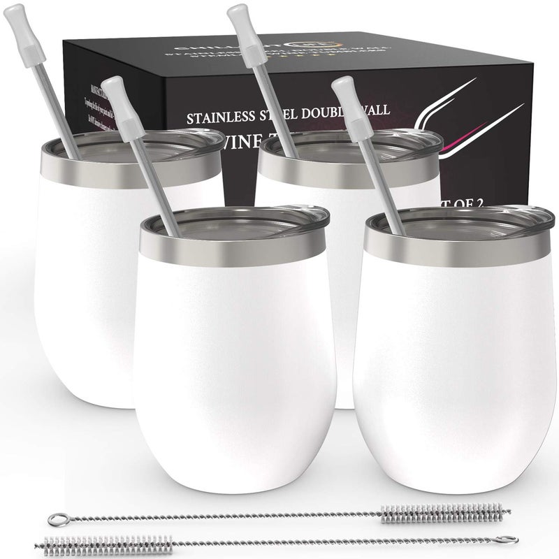 CHILLOUT LIFE Stainless Steel Wine Tumblers 4 Pack 12 oz - Double Wall Vacuum Insulated Wine Cups with Lids and Straws Set Coffee  Wine  Cocktails - Powder Coated White - Image 1