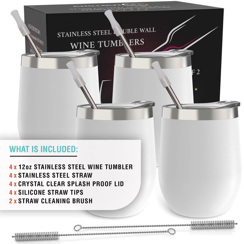 CHILLOUT LIFE Stainless Steel Wine Tumblers 4 Pack 12 oz - Double Wall Vacuum Insulated Wine Cups with Lids and Straws Set Coffee  Wine  Cocktails - Powder Coated White - Image 5
