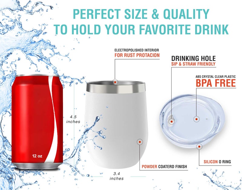 CHILLOUT LIFE Stainless Steel Wine Tumblers 4 Pack 12 oz - Double Wall Vacuum Insulated Wine Cups with Lids and Straws Set Coffee  Wine  Cocktails - Powder Coated White - Image 3