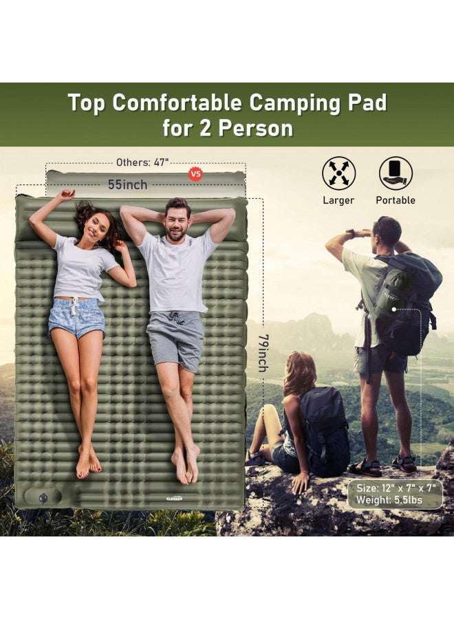 Elegear وسادة نوم مزدوجة من إيليجير للتخييم، 4" سميكة للغاية ذاتية النفخ وسادة تخييم لشخصين مع وسادة ومضخة قدم مدمجة، حصيرة نوم للتخييم للمشي لمسافات طويلة، وسادة تخييم محمولة - Image 1