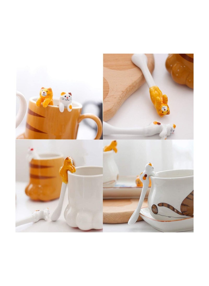 SOLARAE Mini Cute Ceramic Cat Spoon, Hangable Tea Spoon Coffee Spoon Sugar Spoon, 4 Pcs Hanging Cup Teaspoons Cartoon Animals Spoons with 2 Chopsticks Rest, Tableware Kitchen Tools - Image 2