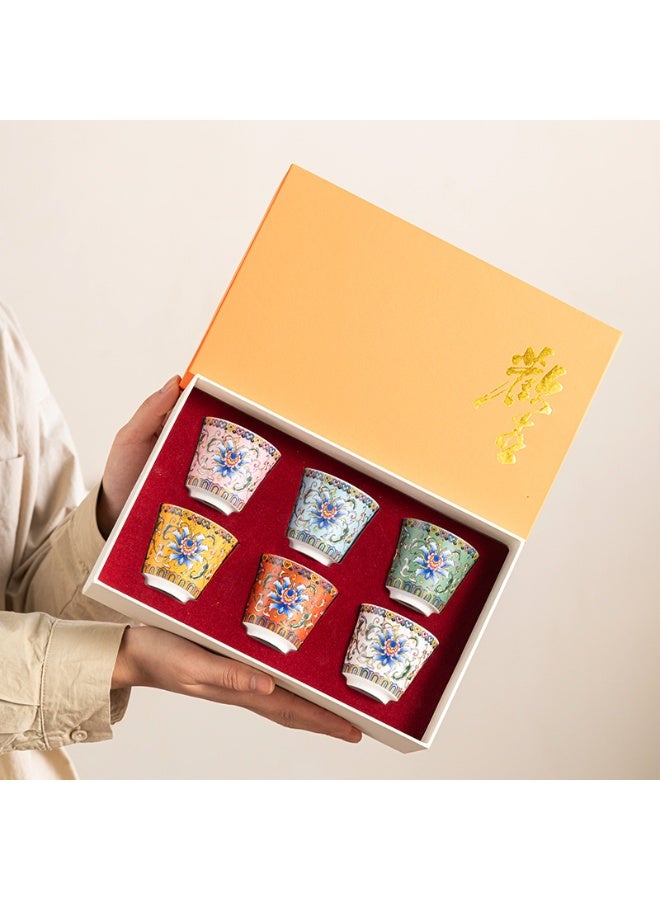 6 Ceramic Tea Cups with Gift Box Elegant Floral Enamel Porcelain Coffee Cup Set, 6 Colors Flowers Teacup, Perfect for Home, Office, and Restaurant Use - Image 1