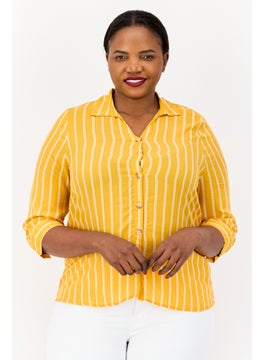 DeFacto Women Spread Collar 3/4 Sleeves Stripe Blouse, Yellow  - Image 1
