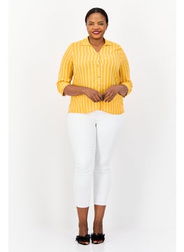 DeFacto Women Spread Collar 3/4 Sleeves Stripe Blouse, Yellow  - Image 3