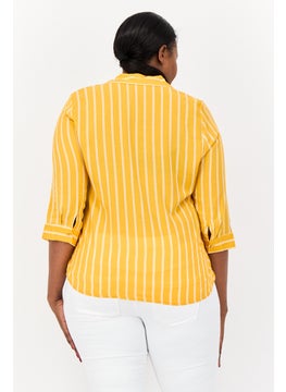 DeFacto Women Spread Collar 3/4 Sleeves Stripe Blouse, Yellow  - Image 2