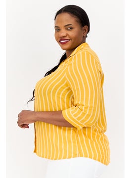 DeFacto Women Spread Collar 3/4 Sleeves Stripe Blouse, Yellow  - Image 4