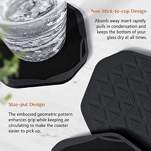 UMIRRO Absorbent Coasters for Drinks with Holder, Black Silicone Cup Coaster with Felt Insert for Coffee Table Decor, Small Unique Birthday Gift Ideas for Men, Dad, Him, Women Mom, Her, 4", Set of 6 - Image 5