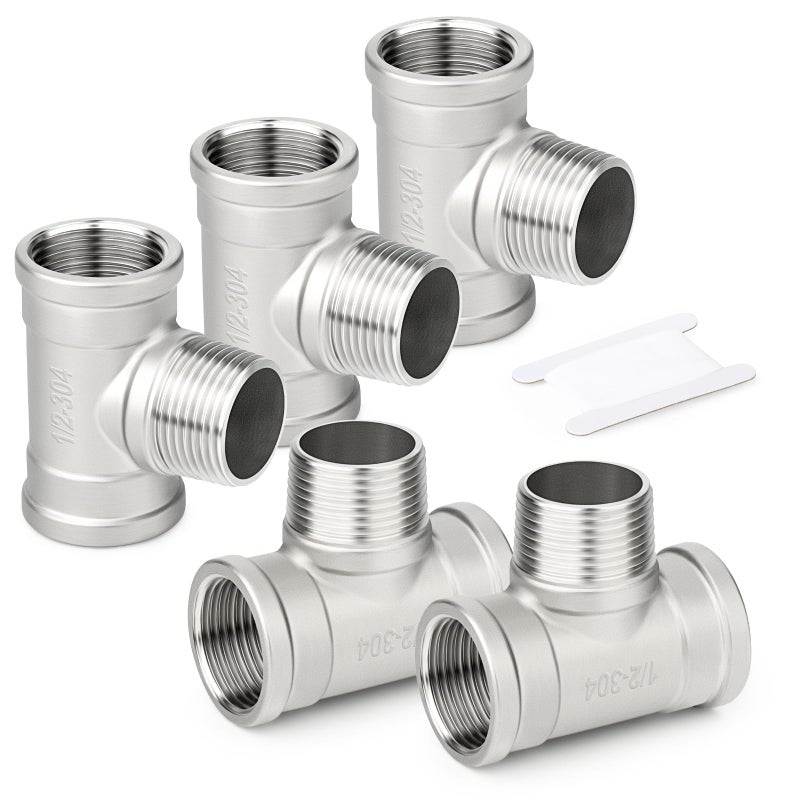 TAISHER 5PCS 304 Stainless Steel Tee Pipe Fittings 12 NPT Female x 12 NPT Male x 12 NPT Female Pipe Fittings Male Branch Tee - Image 2